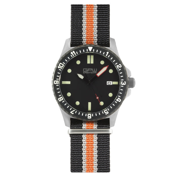 German Military Titanium Automatic Watch. GPW Date. 200M W/R. Sapphire Crystal. Black White & Orange Nylon Strap.