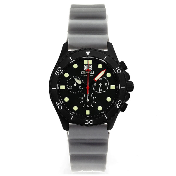 German Military Black Titanium Chronograph. GPW Mission Chrono. Big Date. 10 BAR W/R. Sapphire Crystal. Grey Field Rubber Strap.