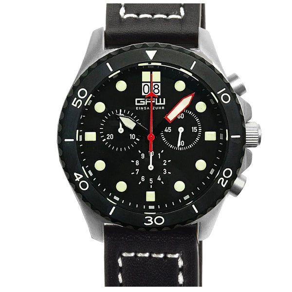 German Military Titanium Chronograph. GPW Mission Chrono. Big Date. 10 BAR W/R. Sapphire Crystal. Black Leatherstrap.