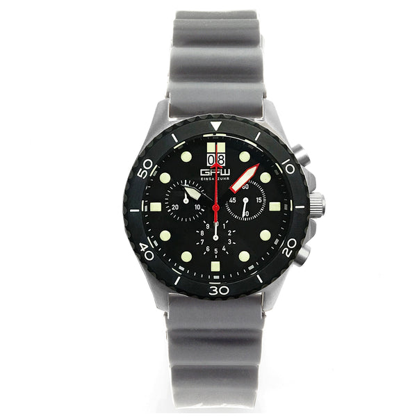 German Military Titanium Chronograph. GPW Mission Chrono. Big Date. 10 BAR W/R. Sapphire Crystal. Grey Field Rubber Strap.