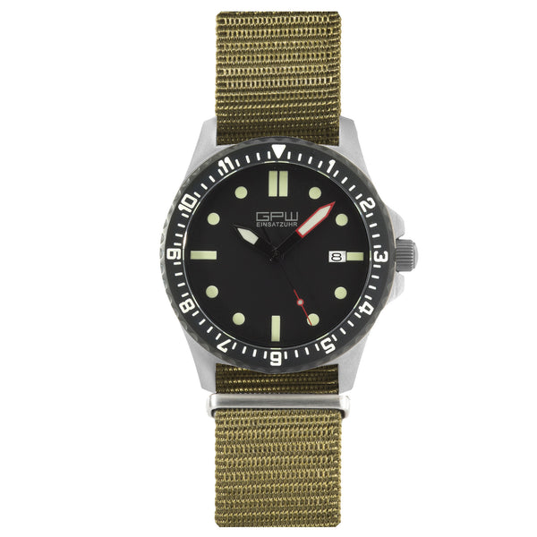 German Military Titanium Automatic Watch. GPW Date. 200M W/R. Sapphire Crystal. Olive Nylon Strap. 