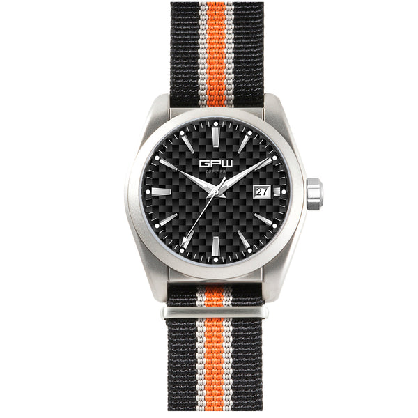 German Military Titanium Watch. GPW Offizier Automatic. 200M W/R. Sapphire Crystal. Black White & Orange Nylon Strap.