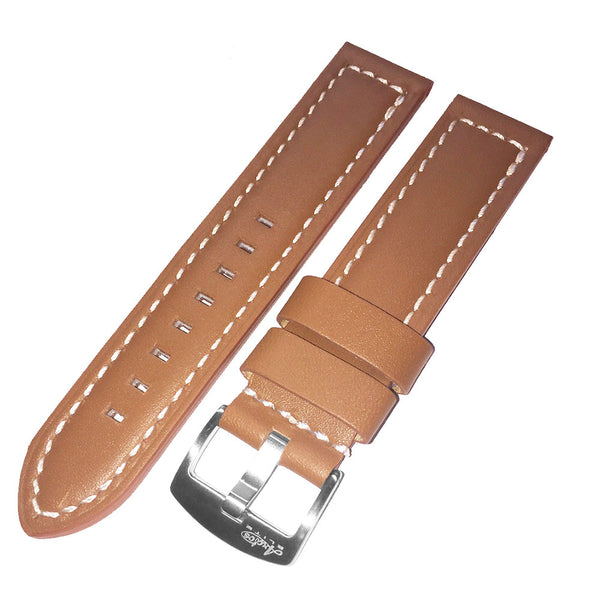 22mm Brown Genuine Italian Calfskin Leather Watch Strap with White Stitching by Arctos-Elite Germany. Surgical Steel Buckle.